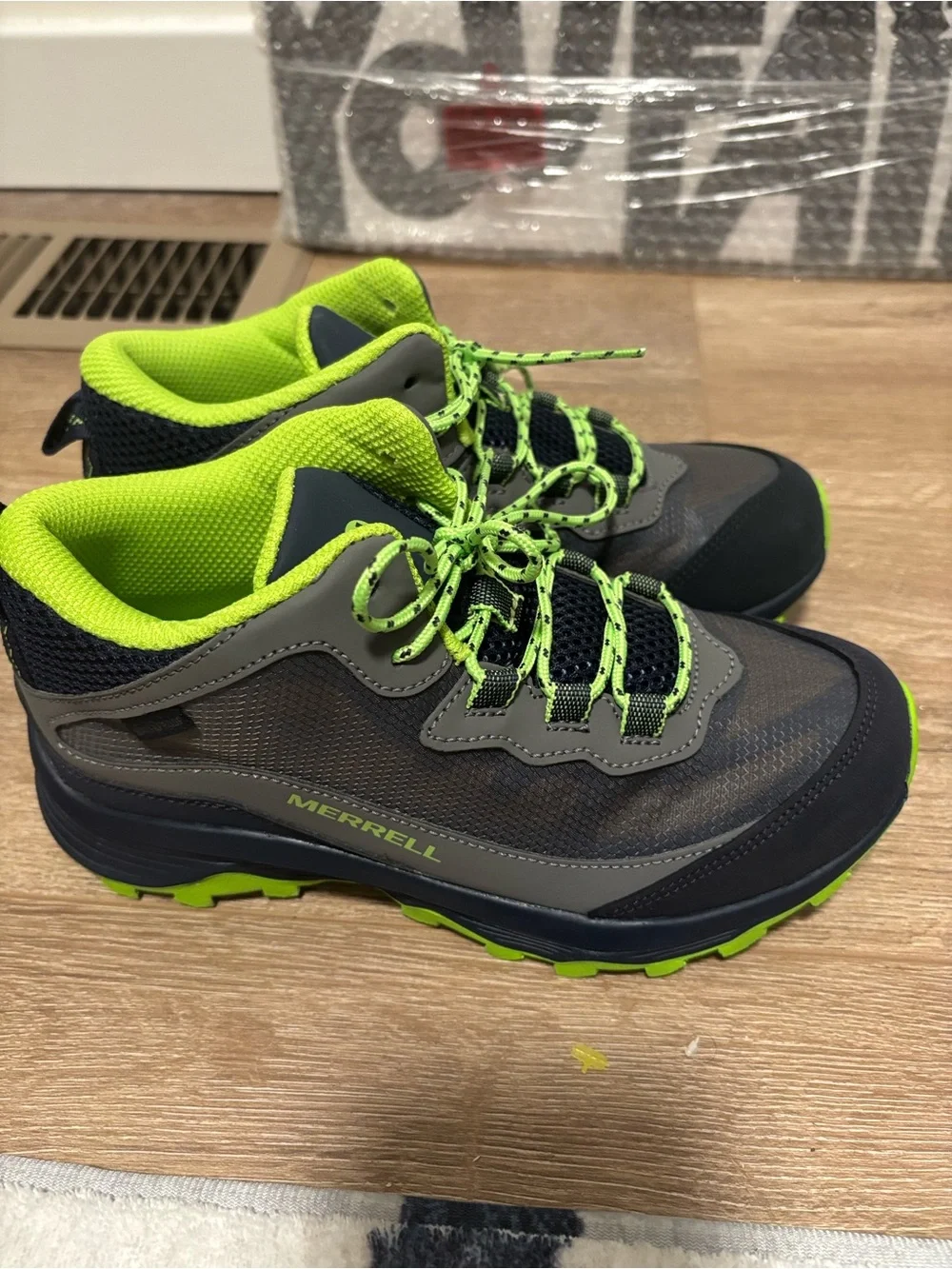 New kids Merrell Gray and Neon Green Athletic Trail Shoes
